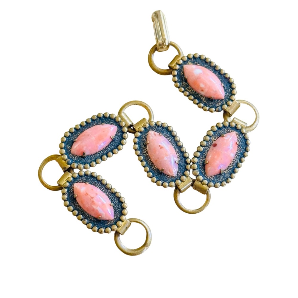 VTG Regal Czech Pink Glass‎ Marquise Bracelet Art Deco Victorian Edwardian Link